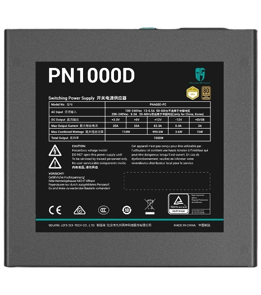 Блок питания Deepcool GAMERSTORM PN1000D (ATX 3.1, 1000W, PWM 120мм fan, Active PFC, 80 PLUS GOLD, Active PFC + Full Bridge SRC LLC + DC/DC, Gen5 PCIe) RET