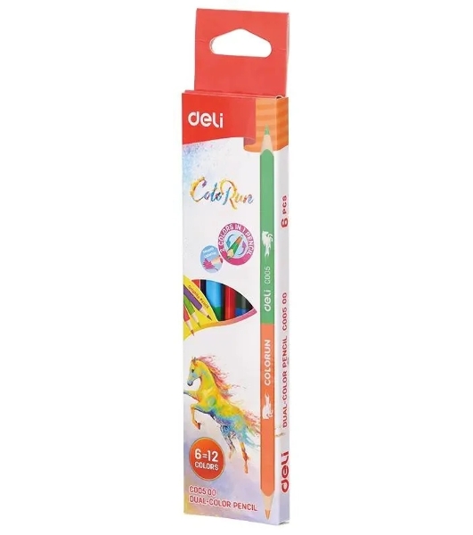 Карандаши цветные Deli EC00500 ColoRun, двухцветные, липа, 12 цветов, коробка с европодвесом (6шт)