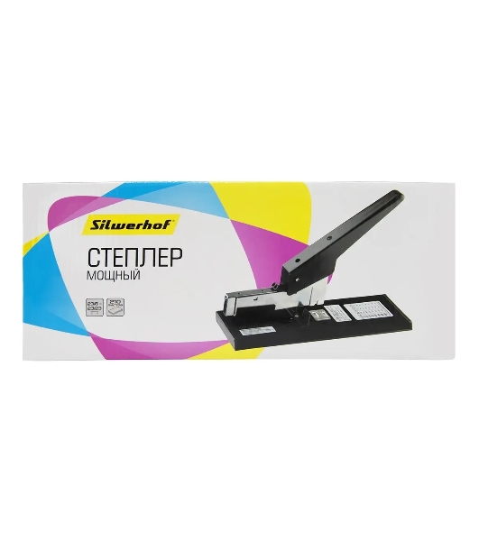 Степлер мощный Silwerhof 401080-01 23/6 23/8 23/10 23/13 23/15 23/17 23/20 23/23 (210 листов) черный, 100 скоб, закрытый/открытый, коробка