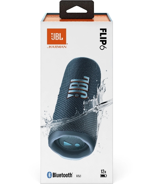 Портативная акустика JBL Flip 6 синий, Bluetooth 5.1, время воспроизведения 12 ч, емкость аккумулятора 4800 mAh, время заряда 2,5 ч, синий