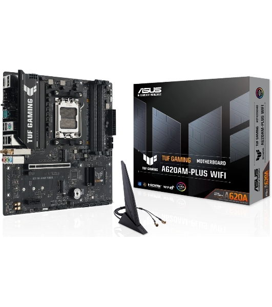 Материнская плата ASUS TUF GAMING A620M-A PLUS WIFI, AM5, AMD A620A, 4xDDR5, 4xSATA, 2xM.2, 1xPCIe 4.0 x16, 1xPCIe 3.0 x1, 1xHDMI, 2xDP, 1x2.5Gb LAN, Wi-Fi 6, Bluetooth 5.3, 2xUSB-A 10Gbps, 4xUSB-A 2.0, 3x3.5 мм, 7.1, mATX