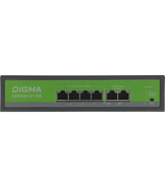 Коммутатор Digma DSP204F-2F-T80, 6×100 Мбит/с, неуправляемый