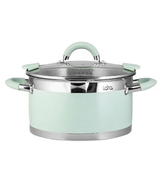 Кастрюля Lara LR02-543 MINT 22x12 см, 4,4 л, носик, индукционное дно, крышка с бортом, полипропилен, силикон, нержавеющая сталь
