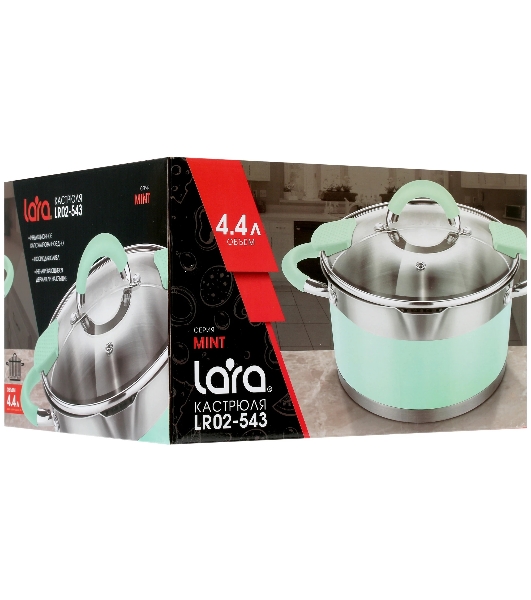 Кастрюля Lara LR02-543 MINT 22x12 см, 4,4 л, носик, индукционное дно, крышка с бортом, полипропилен, силикон, нержавеющая сталь