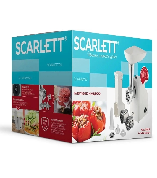 Мясорубка электрическая Scarlett SC-MG45M20 белый, 1800 Вт, 2.0 кг/мин, реверс, защита от перегрузки, насадки - 6