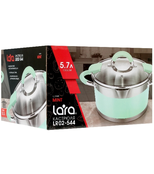 Кастрюля LARA LR02-544 MINT 24x13 см, 5,7 л, носик, индукционное дно, крышка с бортом, нержавеющая сталь