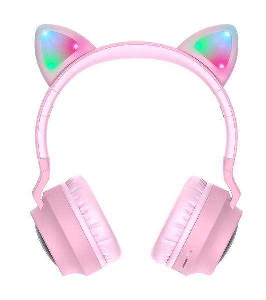 Беспроводные/проводные наушники Hoco W27 розовый, накладные, Bluetooth + проводной, 'кошачьи ушки', до 5 ч.