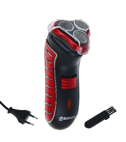 Электробритва Sakura SA-5414RB красно-черный(Бритва электрическая, сухое бритье, работа от аккумулятора. 3 бреющие головки. Индикатор заряда батарейки. Защитная крышка. Щеточка для очистки.)