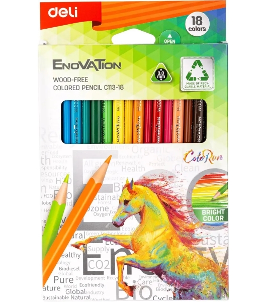 Карандаши цветные Deli EC113-18 Enovation, трехгранный профиль, пластик 18 цветов, коробка с европодвесом (18шт)