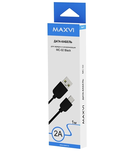 Кабель Maxvi MC-02 black USB-A - Type-C ток макс. нагрузки 2А, макс. напряжение 5V, длина кабеля 1м, материал PVC, черный