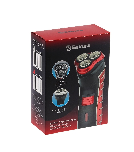 Электробритва Sakura SA-5414RB красно-черный(Бритва электрическая, сухое бритье, работа от аккумулятора. 3 бреющие головки. Индикатор заряда батарейки. Защитная крышка. Щеточка для очистки.)