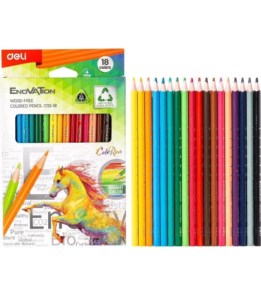 Карандаши цветные Deli EC113-18 Enovation, трехгранный профиль, пластик 18 цветов, коробка с европодвесом (18шт)