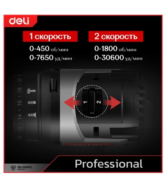 Дрель-шуруповерт Deli DE-CZ16-1A2, 16 В, 2 Ач, 44 Нм, бесщеточный, ударный
