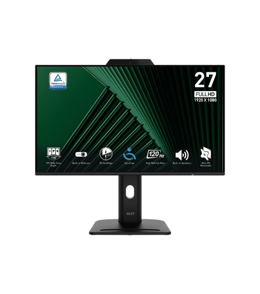 Монитор 27' MSI PRO MP272PMG IPS 1920x1080, 120 Гц, 4 мс, 16:9, 300 кд/м², 1xVGA, 1xHDMI, 1xDP, 1x3.5 мм, 2xUSB-A 2.0, 2x2 Вт, веб-камера, микрофон, черный