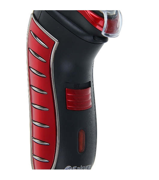 Электробритва Sakura SA-5414RB красно-черный(Бритва электрическая, сухое бритье, работа от аккумулятора. 3 бреющие головки. Индикатор заряда батарейки. Защитная крышка. Щеточка для очистки.)