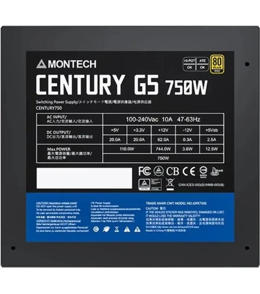 Блок питания Montech ATX 750W CENTURY GOLD G5, 750 Вт, 80 PLUS GOLD, 120 мм, модульный, черный