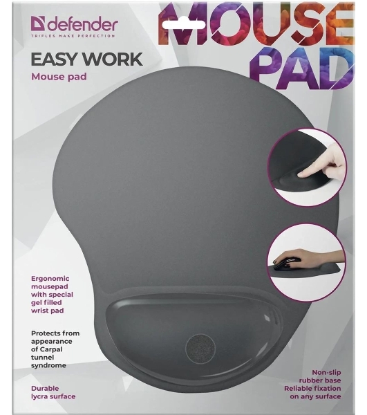 Коврик для мыши Defender гелевый Easy Work (серая лайкра) нескользящ.основа,260х225х5мм