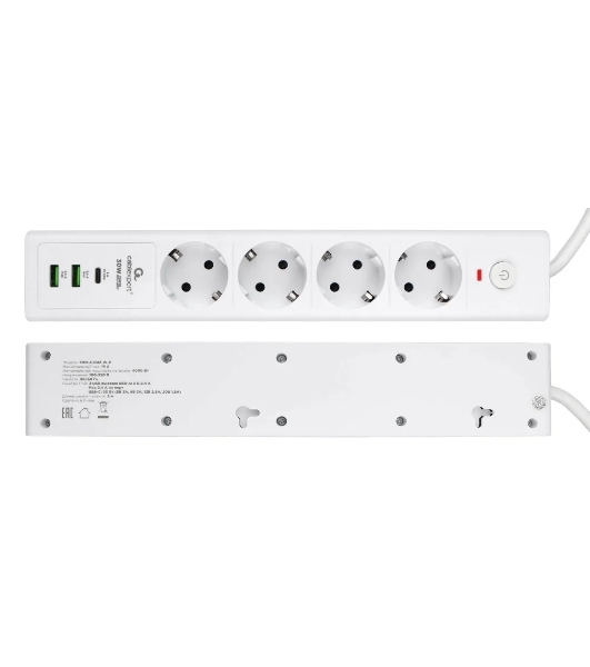 Сетевой фильтр Cablexpert Exnovo EXN-4-CU2-W-2, 4 р, 16А, 1xType-C PD, 30Вт, 2хUSB, 2 м, ур.защиты 4+, белый, коробка