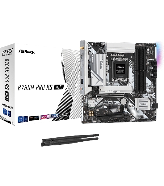 Материнская плата ASRock B760M Pro RS WiFi, LGA 1700, Intel B760, 4xDDR5, 4xSATA, 3xM.2, 1xPCIe 5.0 x16, 1xPCIe 3.0 x16, 1xHDMI, 1xDP, 1x2.5Gb LAN, Wi-Fi 6E, Bluetooth 5.3, 1xUSB-C 5Gbps, 3xUSB-A 5Gbps, 2xUSB-A 2.0, 3x3.5 мм, 7.1, mATX