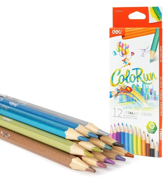 Карандаши цветные Deli EC127-12 ColoRun, шестигранный профиль, дерево 12 цветов, коробка с европодвесом (12шт)