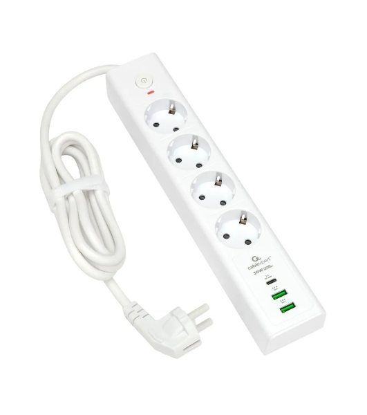 Сетевой фильтр Cablexpert Exnovo EXN-4-CU2-W-2, 4 р, 16А, 1xType-C PD, 30Вт, 2хUSB, 2 м, ур.защиты 4+, белый, коробка