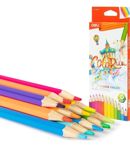 Карандаши цветные Deli EC128-12 ColoRun, шестигранный профиль, дерево 12 цветов, коробка с европодвесом (12шт)