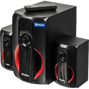 Колонки SVEN AC MS -304, черный Акустическая система, беспроводная передача сигнала по Bluetooth, суммарная мощность (RMS), Вт - 40, выходная мощность (RMS), Вт - сабвуфер: 20, сателлиты: 20 (2 х10), частотный диапазон, Гц - сабвуфер: 40 – 150, сателлиты: 150 – 20 000, размеры динамиков, мм - сабвуфер: O 128, воспроизведение с USB flash и SD card памяти, встроенное FM-радио, LED-дисплей, пульт ДУ, материал корпуса сабвуфера и сателлитов – дерево (MDF).