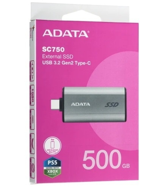 Внешний SSD ADATA SC750, 500Gb, USB 3.2 Gen 2 Type-C, R/W 1050/1000, черный