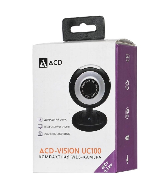 Веб-камера ACD Vision UC100 640x480, 30 кадр/с, USB Type-A, микрофон (2 шт, шумоподавление), автоосвещение, универсальное крепление