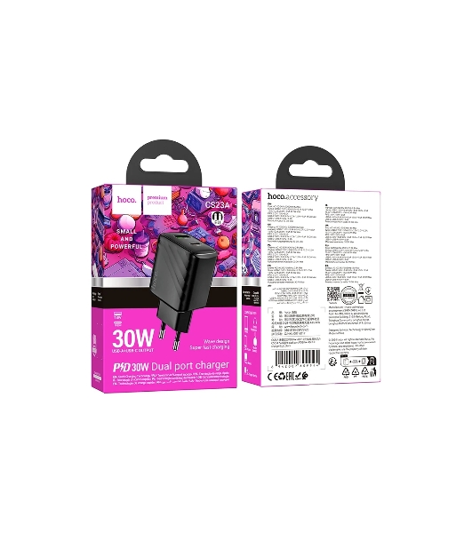 Сетевое зарядное устройство Hoco 30Вт, 3А, QC3.0/PD, 1хUSB, 1хType-C, CS23A, черный, коробка