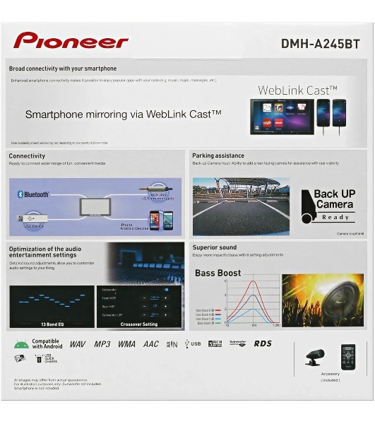 Автомагнитола Pioneer DMH-A245BT, 2 DIN, 6.2', Bluetooth, USB Type-A, AUX, пульт ДУ