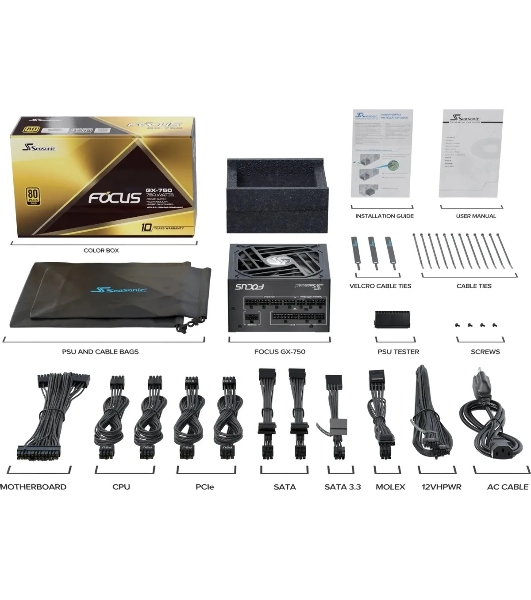Блок питания Seasonic ATX 750W Focus GX-750 80 PLUS gold (20+4pin) APFC 135мм fan 10xSATA Cab Manag RTL