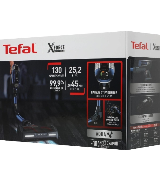 Пылесос вертикальный Tefal X-Force Flex 11.60 Aqua TY9890WO синий/серый, питание от аккумулятора, 130 Вт, уборка сухая/влажная, пылесборник 0.9 л