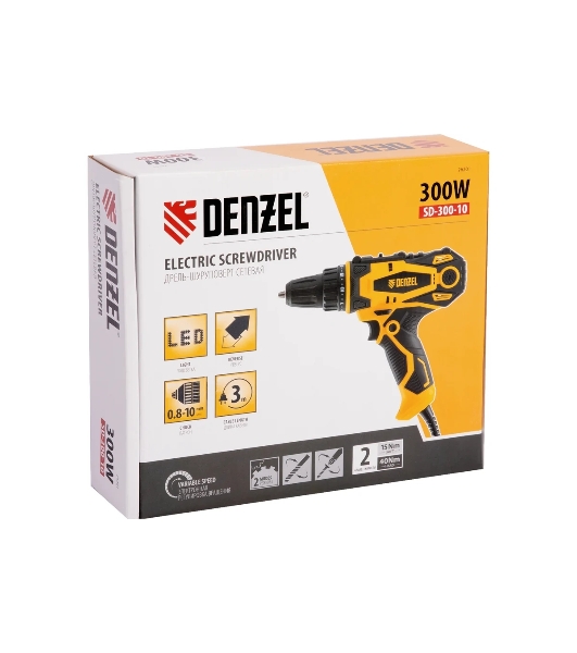 Дрель-шуруповерт Denzel SD-300-10, 300 Вт, 40 Нм, щеточный