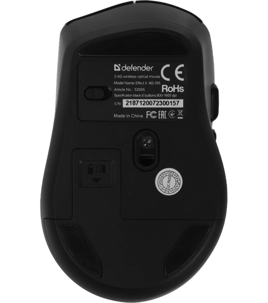 Мышь беспроводная Defender Effect X MS-095 черный, 1600 dpi, радиоканал, USB, кнопки - 6