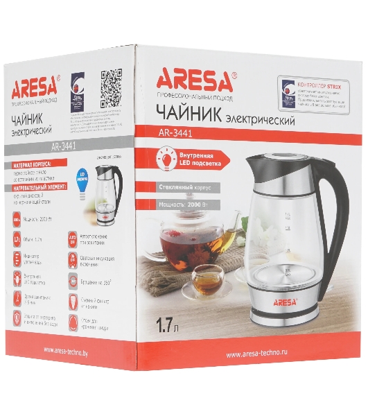 Электрочайник Aresa AR-3441 серебристый, 1.7 л, 2000 Вт, скрытый нагревательный элемент
