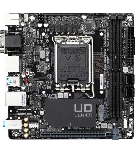Материнская плата Gigabyte H610I, LGA 1700, Intel H610, 2xDDR5, 4xSATA, 1xM.2, 1xPCIe 4.0 x16, 1xHDMI, 1xVGA, 2xDP, 1x 1Gb LAN, 2xUSB-A 3.2 Gen 1, 4xUSB-A 2.0, 3x 3.5 мм, 7.1, Mini-ITX