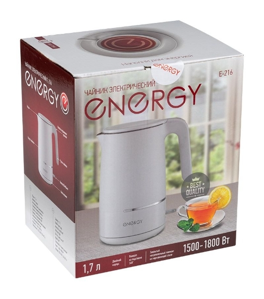 Электрочайник Energy E-216 белый, 1.7 л, 1800 Вт, скрытый нагревательный элемент