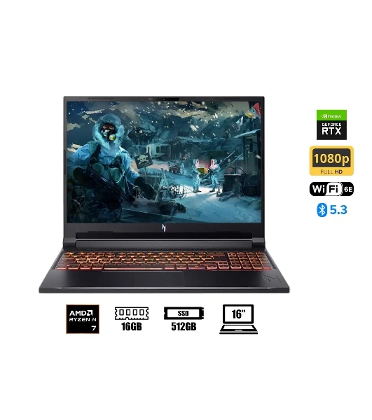Ноутбук Acer Nitro V 16 ANV16-42-R96P Ryzen 7 260 16Gb SSD 512Gb NVIDIA GeForce RTX 5050 8Gb 16' IPS WQXGA (2560x1600) Windows 11 черный WiFi BT Cam (NH.U2NAA.003)