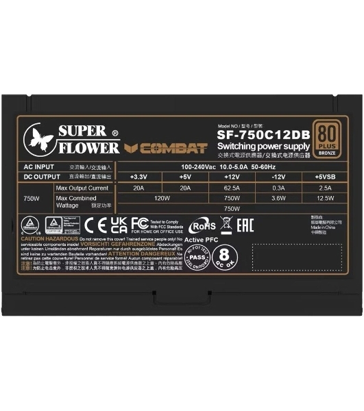 Блок питания 750Вт/Power Supply Super Flower Combat DB ATX 3.1, 750W, ATX, 120мм, 6xSATA, 3xPCI-E(6+2), 1xPCI-E 16, APFC, 80 PLUS Bronze, non-Modular