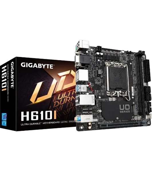 Материнская плата Gigabyte H610I, LGA 1700, Intel H610, 2xDDR5, 4xSATA, 1xM.2, 1xPCIe 4.0 x16, 1xHDMI, 1xVGA, 2xDP, 1x 1Gb LAN, 2xUSB-A 3.2 Gen 1, 4xUSB-A 2.0, 3x 3.5 мм, 7.1, Mini-ITX