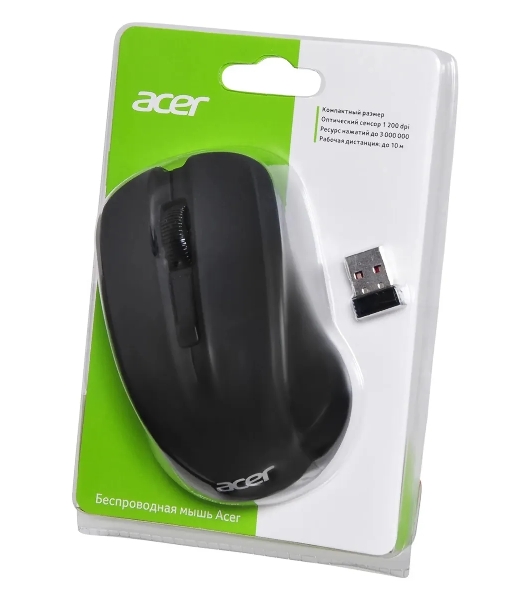 Мышь беспроводная Acer OMR010 черный, 1200 dpi, радиоканал, USB, кнопки - 3