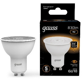 Лампа светодиодная Gauss 101506109 9Вт цок.:GU10 рефлек. 150B св.свеч.бел.теп. MR16 (упак.:10шт)