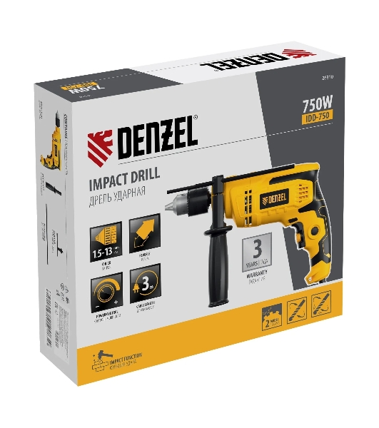 Дрель ударная Denzel IDD-750, 750 Вт, 0-3000 об/мин, 48000 уд/мин