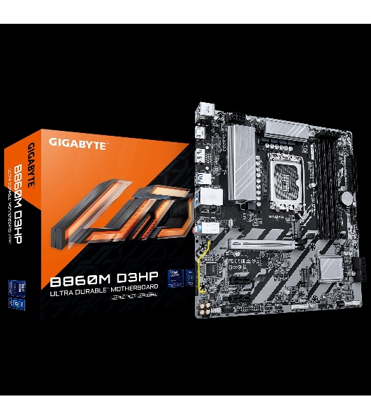 Материнская плата Gigabyte B860M D3HP, LGA 1851, Intel B860, 4xDDR5, 4xSATA, 2xM.2, 1xPCIe 5.0 x16, 2xPCIe x1, 1xHDMI, 1xDP, 1x 1Gb LAN, 3xUSB-A 3.2 Gen 1, 3xUSB-A 2.0, 1xUSB-C 3.2 Gen 1, 3x3.5 мм, 7.1, mATX