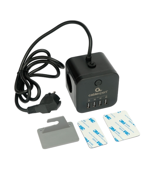 Сетевой фильтр Cablexpert Cube CUBE-3-U4-B-1.5, 3 р, 10А, 4хUSB, 1.5 м, ур.защиты 4+, черный, коробка