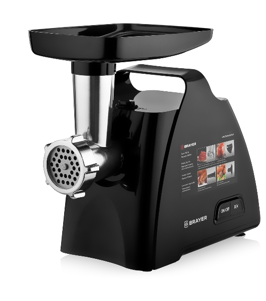 Мясорубка электрическая BRAYER BR1606 черный, 1800 Вт, 2.0 кг/мин, реверс, защита от перегрузки, насадки - 5