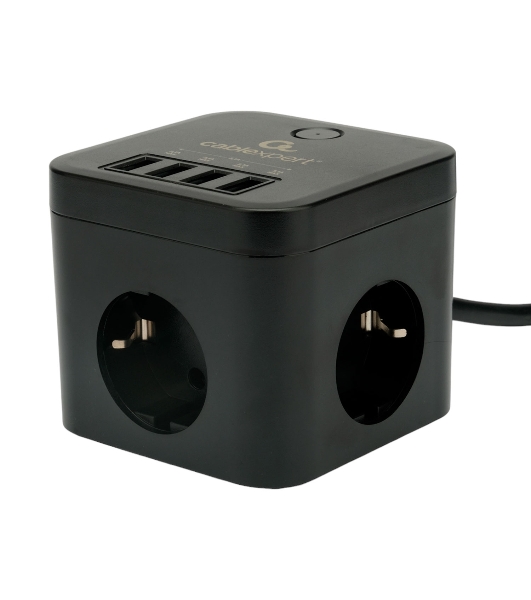 Сетевой фильтр Cablexpert Cube CUBE-3-U4-B-1.5, 3 р, 10А, 4хUSB, 1.5 м, ур.защиты 4+, черный, коробка