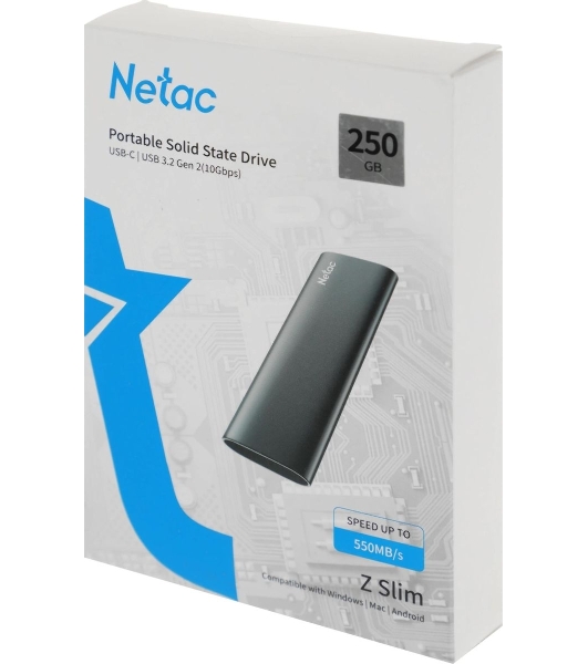 Внешний SSD Netac Z SLIM, 250 Gb, USB 3.2 Gen 2 Type-C, R/W 550/480, черный