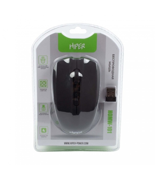 Мышь беспроводная HIPER HOMW-101, 1000-1600 dpi, оптический, 4 кнопки, Soft-touch покрытие, USB-приемник, 2,4 ГГц, батарея 1хАА, черный (HOMW-101)